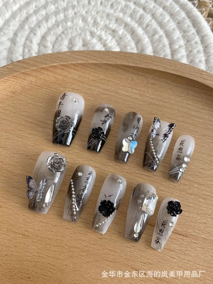 Camellia Pearls - 10pcs Handmade False Nails